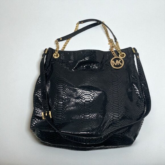 Michael Kors Black Python-Embossed Leather Tote Gold Chain Straps & Logo Charm - Picture 8 of 11